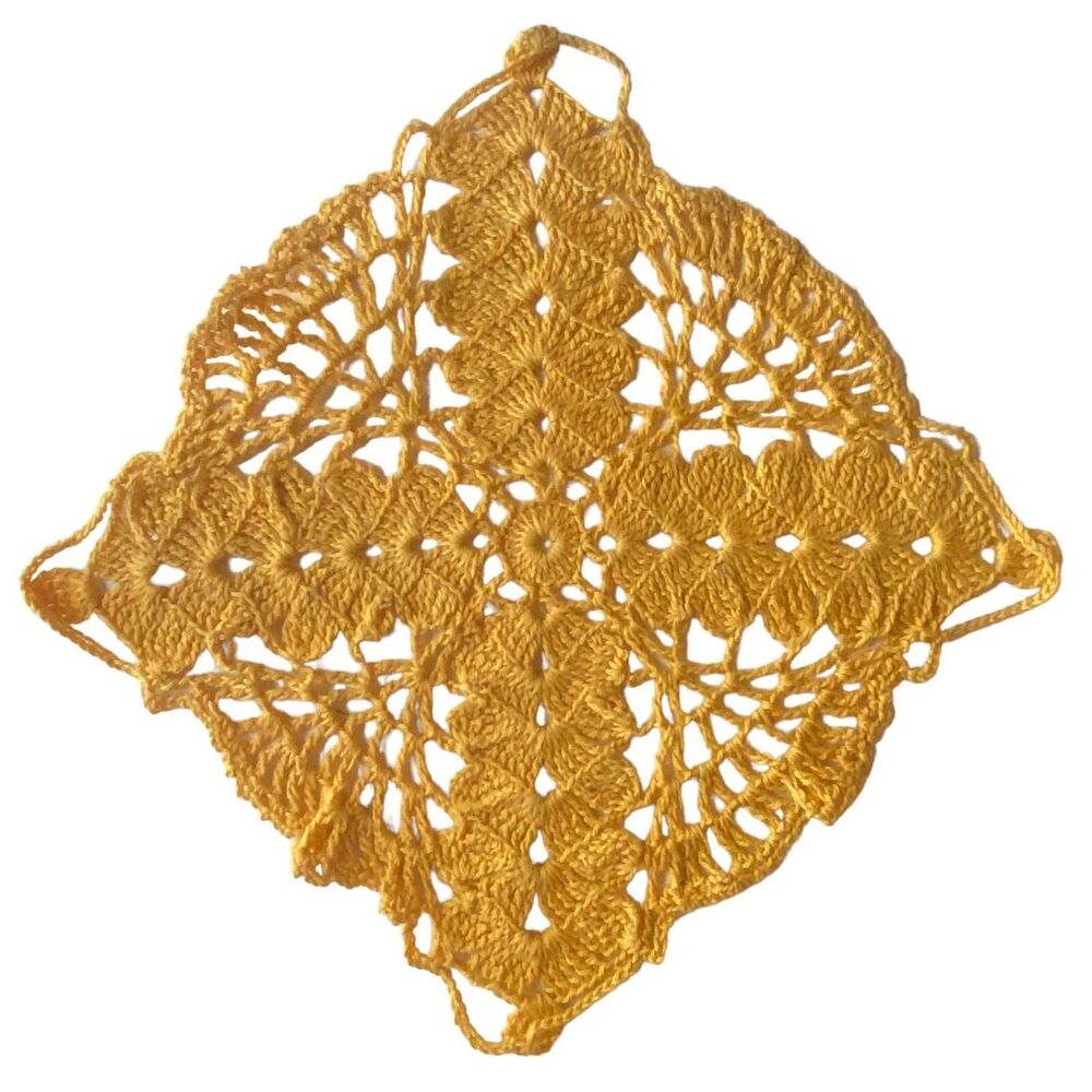 Hand Stitched Crochet Doily Gold Colored Centerpiece Squared Scalloped 7.5 in